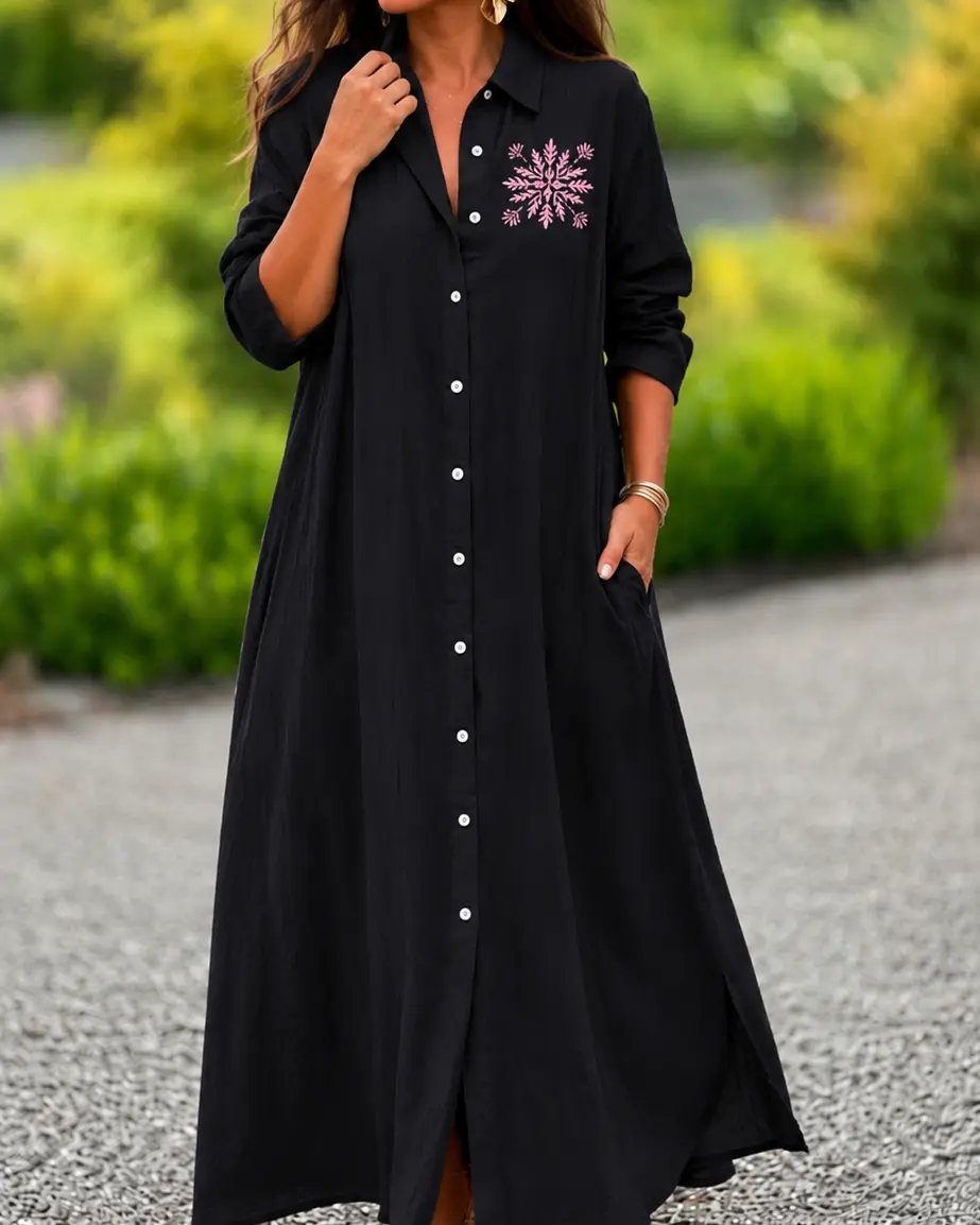 Embroidered Maxi Shirt Dress
