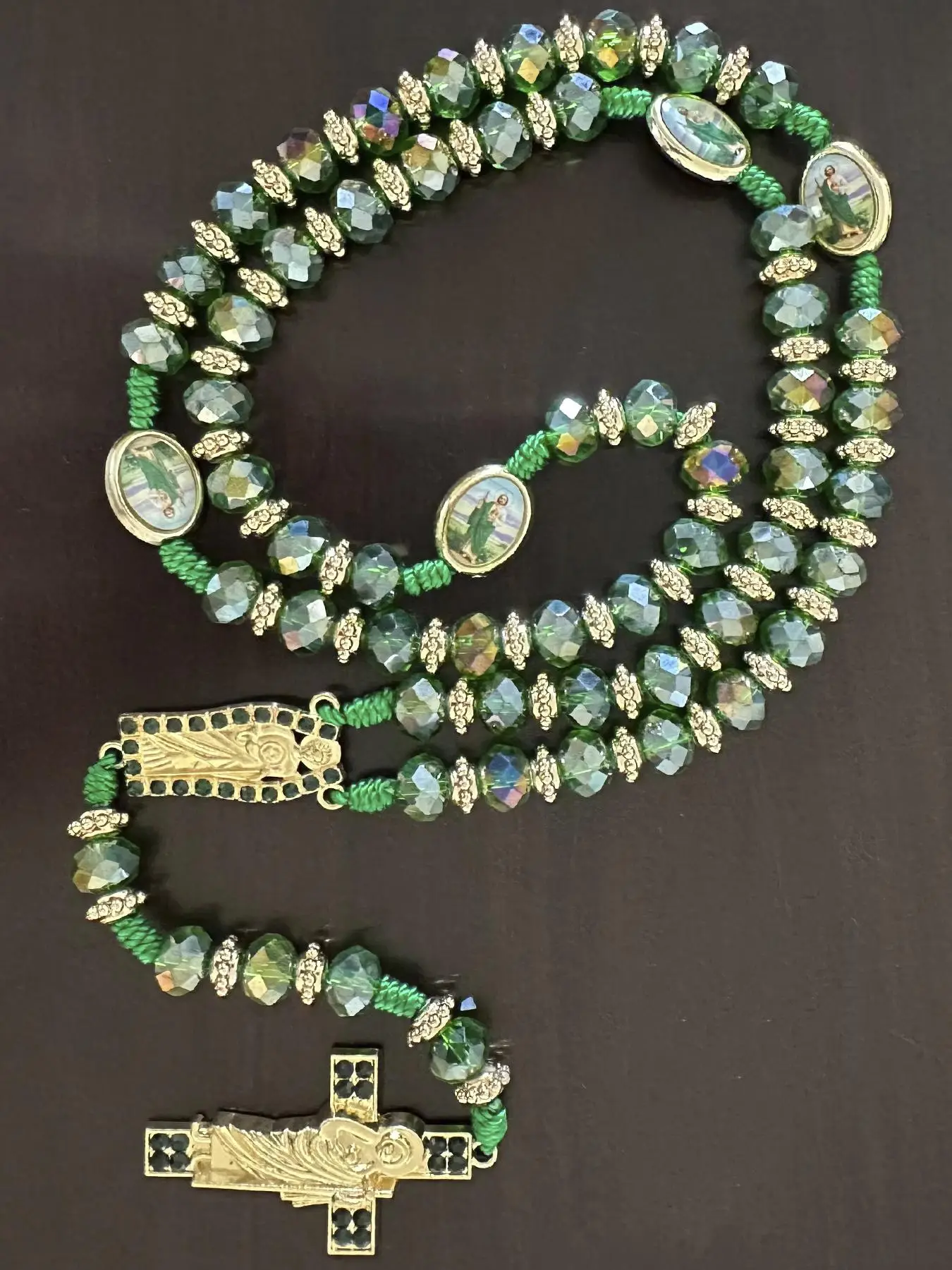 Rosary Saint Jude Virgin Mary Green Crystal Beads Catholic Necklace Cross Pendant Protection Blessing Charm Catholic Handmade Jewelry Gift Charms Car