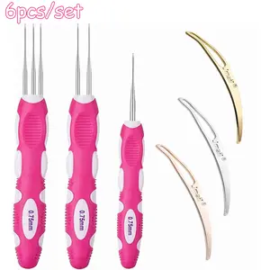 6-piece single head double head three head metal hair threading needle set, dirty braid plastic handle wear-resistant and anti slip multi hook hook hook, three color threading needle, braid locking tool, used for braid weaving and wig weaving
