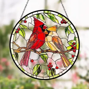 Cardinals Stained Glass Suncatcher, Cadinal Glass Art, Cardinal Lover, Anniversary Gift, Cardinal Couple and Flower, Cardinal Window Hanging