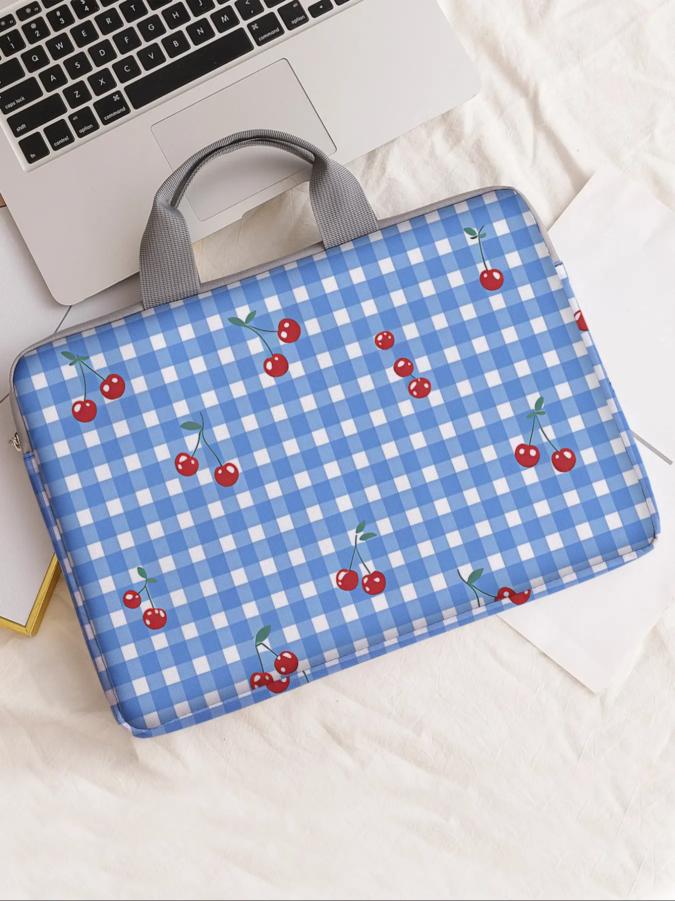 Cherry Pattern Printed Notebook Bag, Soft Laptop Sleeve, Fits Notebooks, Tablets, Zippered Storage Pouch, Casual Style, All Seasons