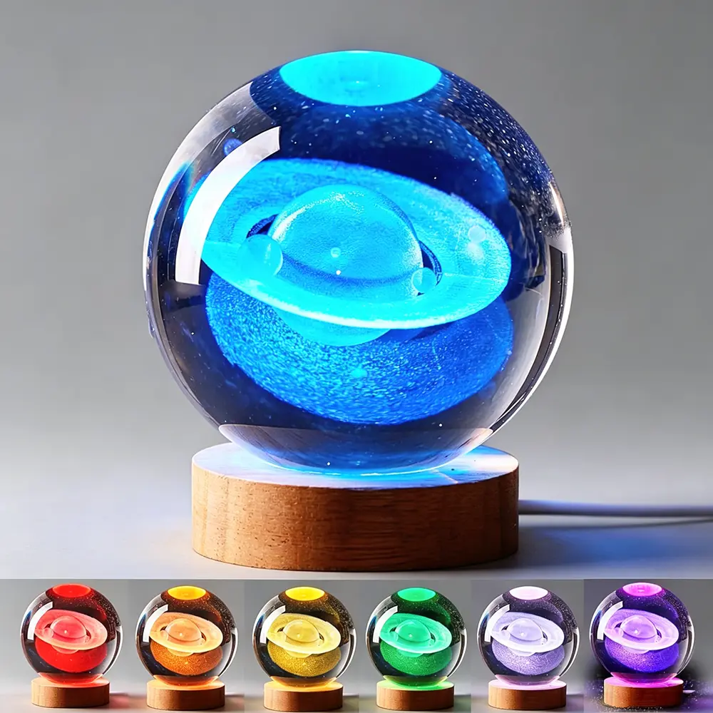 3D Saturn Crystal Ball Night Light, 60mm (2.36in) K9 Crystal Sphere with Multi-Color Changing LED Base, Colorful Galaxy Globe Lamp with USB Switch, Astronomy Science Gifts for Kids Adults with Gift Box