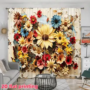 2D Flat 2Pcs Vintage Rustic Flower Print Curtains, Distressed Wood Style Window Treatment, Countryside Floral Drape Panels, Semi-Sunshade for Living Room, Bedroom, Balcony, Kitchen, Study Decoration, Accessory, Anti Privacy.