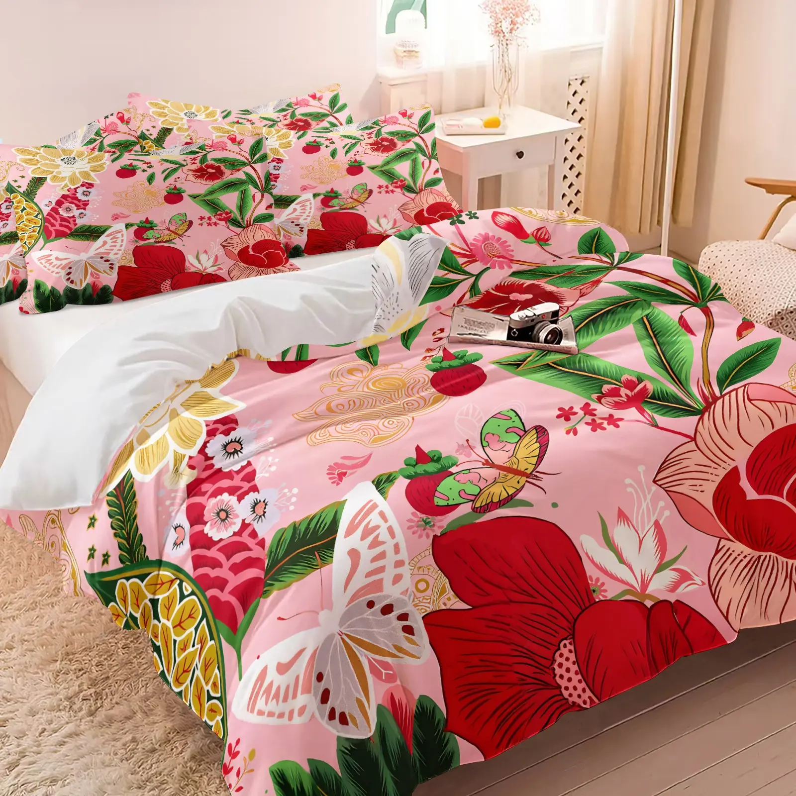 Pink Tropical Fruit Floral Duvet Cover Set & 1-2 Pillowcases No Core, Decorative Duvet Cover, Soft Skin-Friendly Bedding, Sweet Strawberry Bamboo Butterfly Design, Southeast Asian Style Bedroom Decor Gift, Comfortable Sleep, Bed Sets Supplies