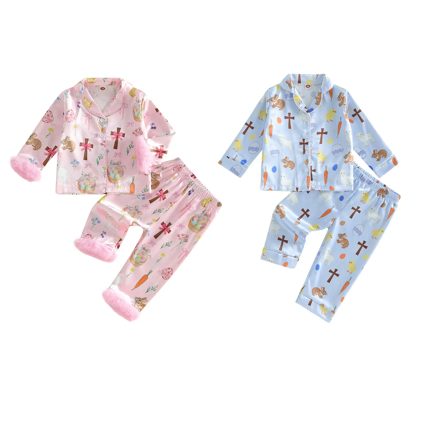 Toddler Kids Baby Boys Girls Easter Satin Pajamas Set Bunny Egg Print Long Sleeve Lapel Button Down Tops with Pants Sleepwear