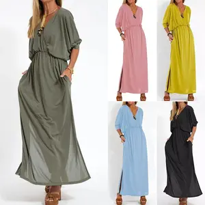 Spring and summer women's long dress, fashionable high-waisted slit dress with V-neck
