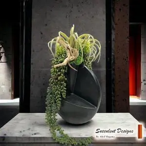 Succulent Design in Black Tall Metal Vase | Rare and Unique Succulent Arrangements | Artificial and Real-touch Succulents | Faux Flowers for Tabletop Decor
