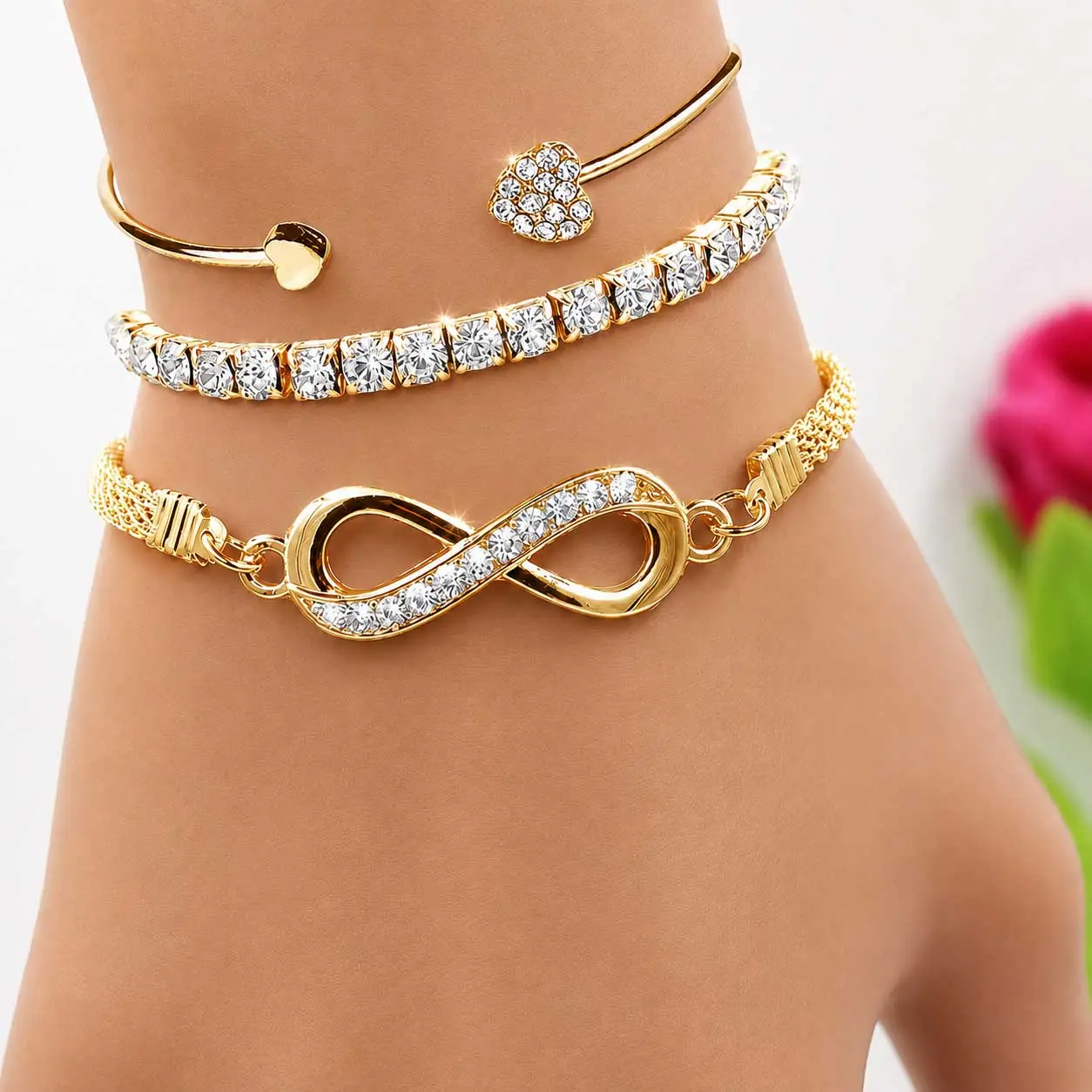 3pcs Women's Bracelet Set | Rhinestone Infinity Symbol + Tennis Chain + Open Bangle, Fashionable & Elegant, Versatile for Daily Wear, Eye-Catching for Parties, Thoughtful Gift for Girlfriend, High-Quality Set