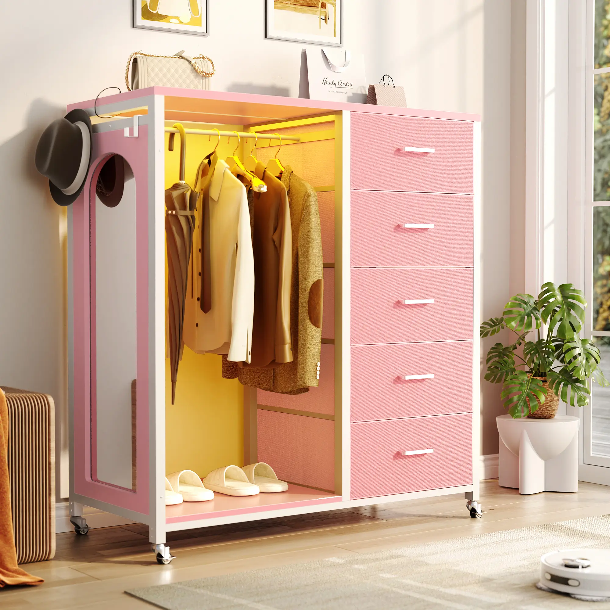 Cyclysio Chest of Dresser with 5 Fabric Drawers,Dresser for Bedroom with Clothes Rack & Mirror, Dresser with Wheels & Charging Station & LED Lights