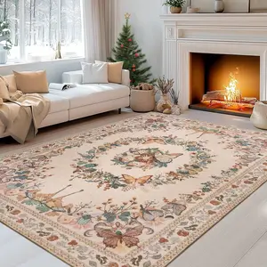 Washable Area Rugs For Living Room, Soft Low Pile Butterfly Insect Floral Printed Rug, Ultra-Thin Stain Resistant Large Indoor Carpet For Bedroom Office Dining Room, Non-Slip Easy Care