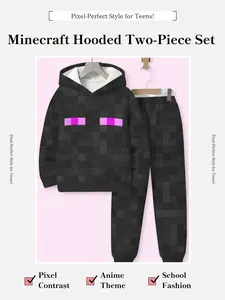 Trendy Aesthetic Minecraft Enderman Hoodie Set, Fitted, Long Sleeve, Pixel Colorblock Design, Casual Schoolwear for Teens, Anime Party, Spring & Fall Fashion
