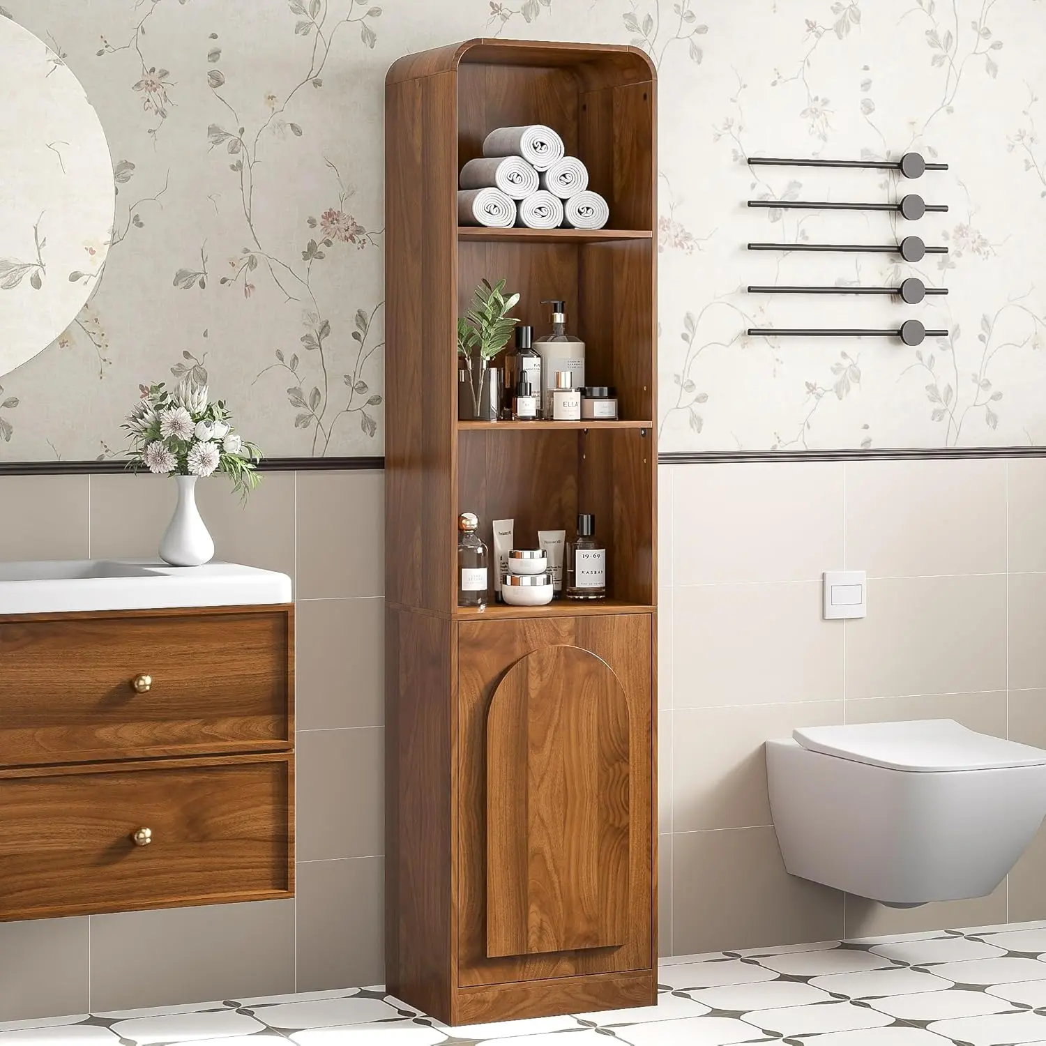 Tall Narrow Storage Cabinet with Arched Door, Slim Bathroom Cabinet with 5 Tier Shelves, Wood Mid Century Modern Display Cabinet for Living Room, Kitchen, Walnut, Adjustable Shelf, Wooden, Thin