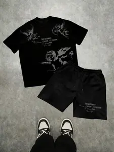 Men's Short Sleeve Shorts Set, Fun Angel Pattern, Elastic Drawstring Waist, Street Style Casual Commuter Wear, Boyfriend Gift