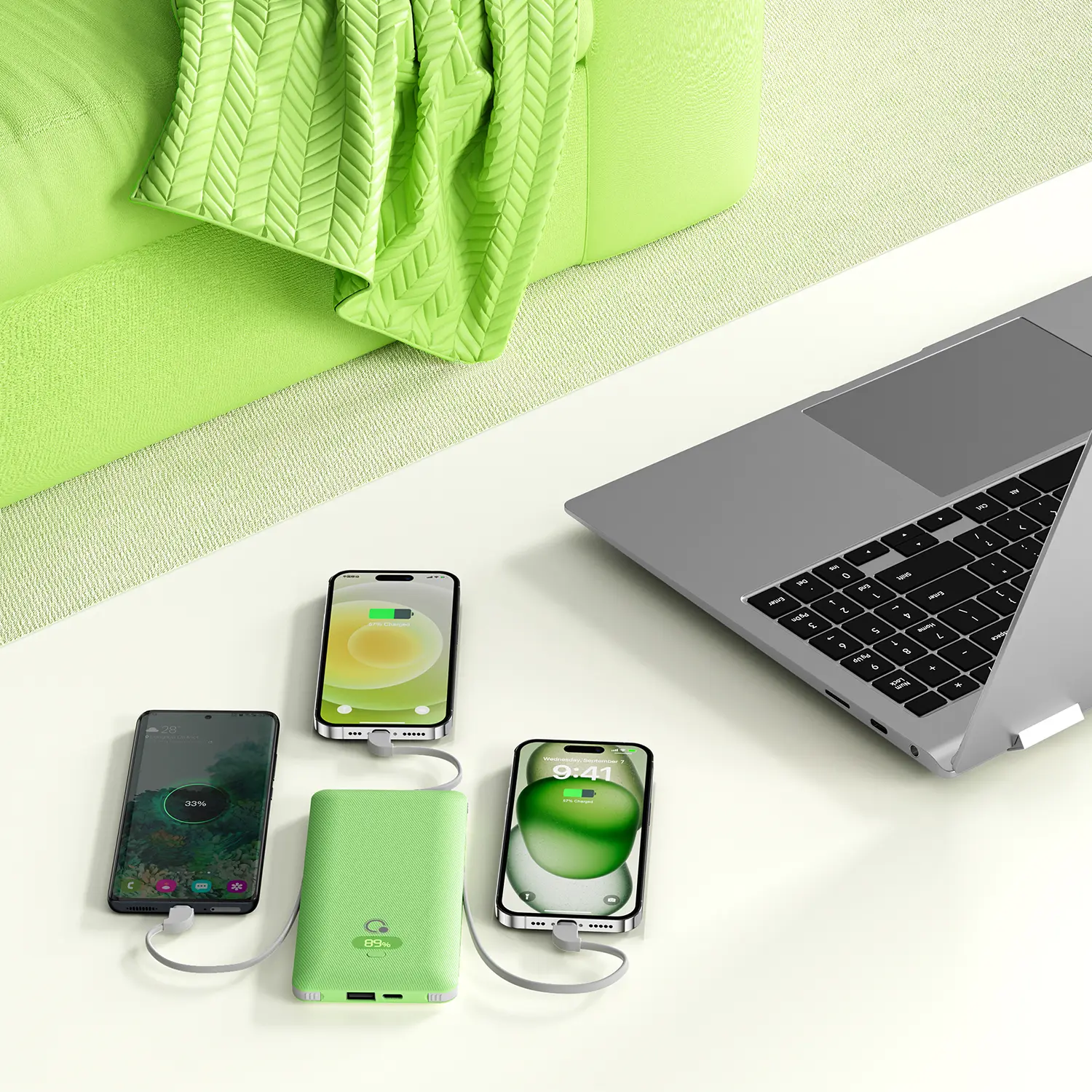 10,000mAh ultra-slim green power bank is perfect for portable tablet and smartphone charging. With a built-in cable, it provides convenient, cord-free power on the go. Compact and lightweight power bank Charger Plug