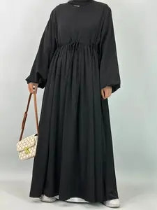 Women's Solid Color Belted Arabian Dress, Elegant Modest Long Sleeve Round Neck Dress for Daily Wear, Ladies Islamic Clothing for All Seasons, Dresses for Women