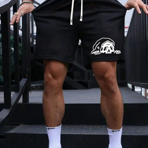 Men's Grim Reaper Skull Shorts - Hooded Skeleton Graphic Print Black Mesh Athletic Workout Shorts, Drawstring Active Shorts, Drawstring Waist Loose Fit, Breathable Summer Streetwear for Gym