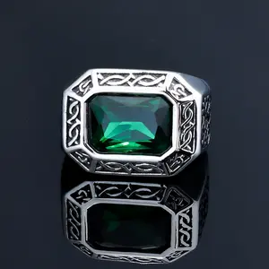 Vintage Titanium Steel Ring for Men, Elegant Fashion Jewelry Featuring a Carved Cross and Square Green Gemstone, Elegant Fashion Rings, Vintage Rings Jewelry