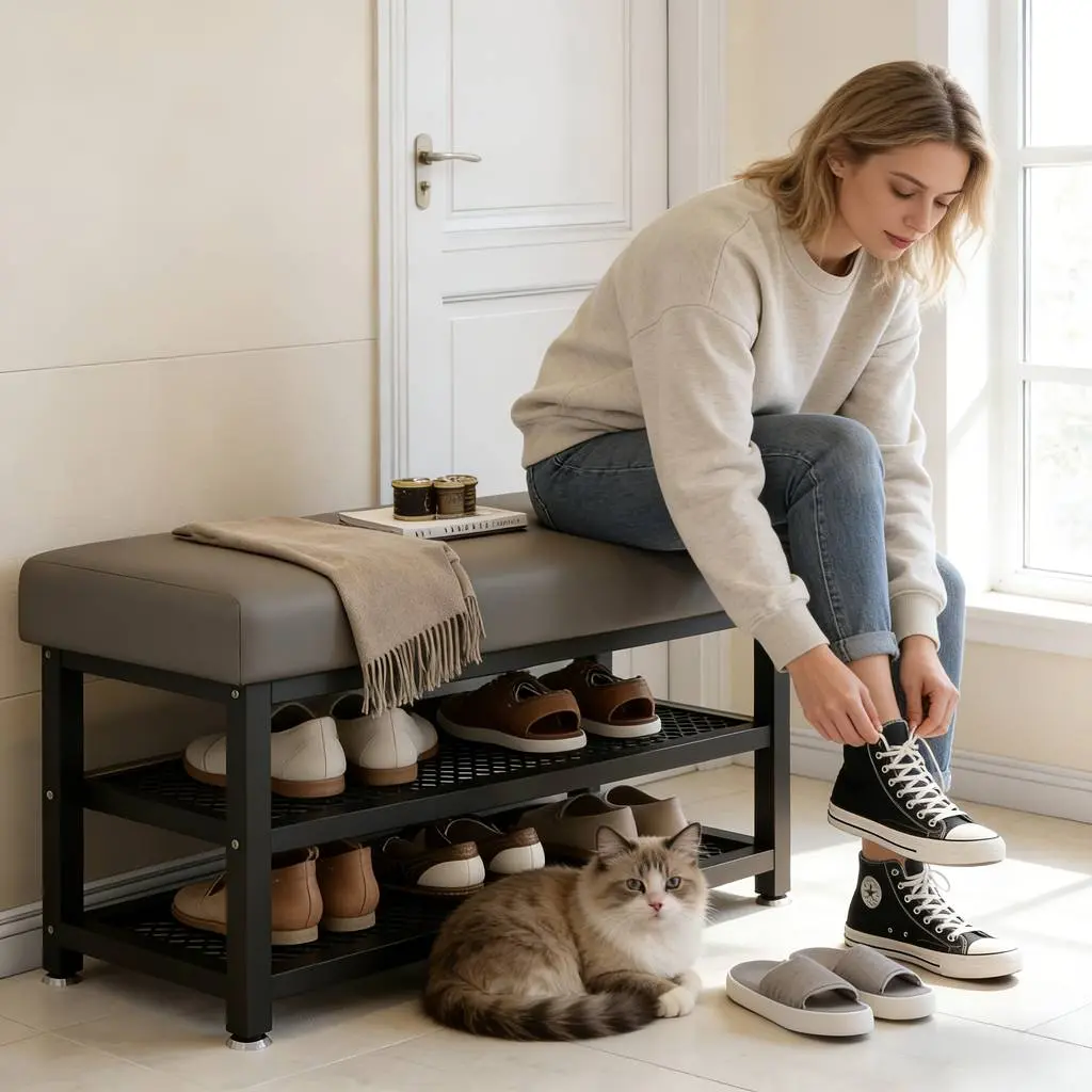 Modern Entrance Passage Shoe Changing Stool, Shoe Rack with Soft Cushion Shoe Storage Organizer, Easy to Install Metal Frame - Ideal Choice for Bedroom Or Foyer. Multi-Compartment Design, Space-Saving Entrance Channel Storage Rack