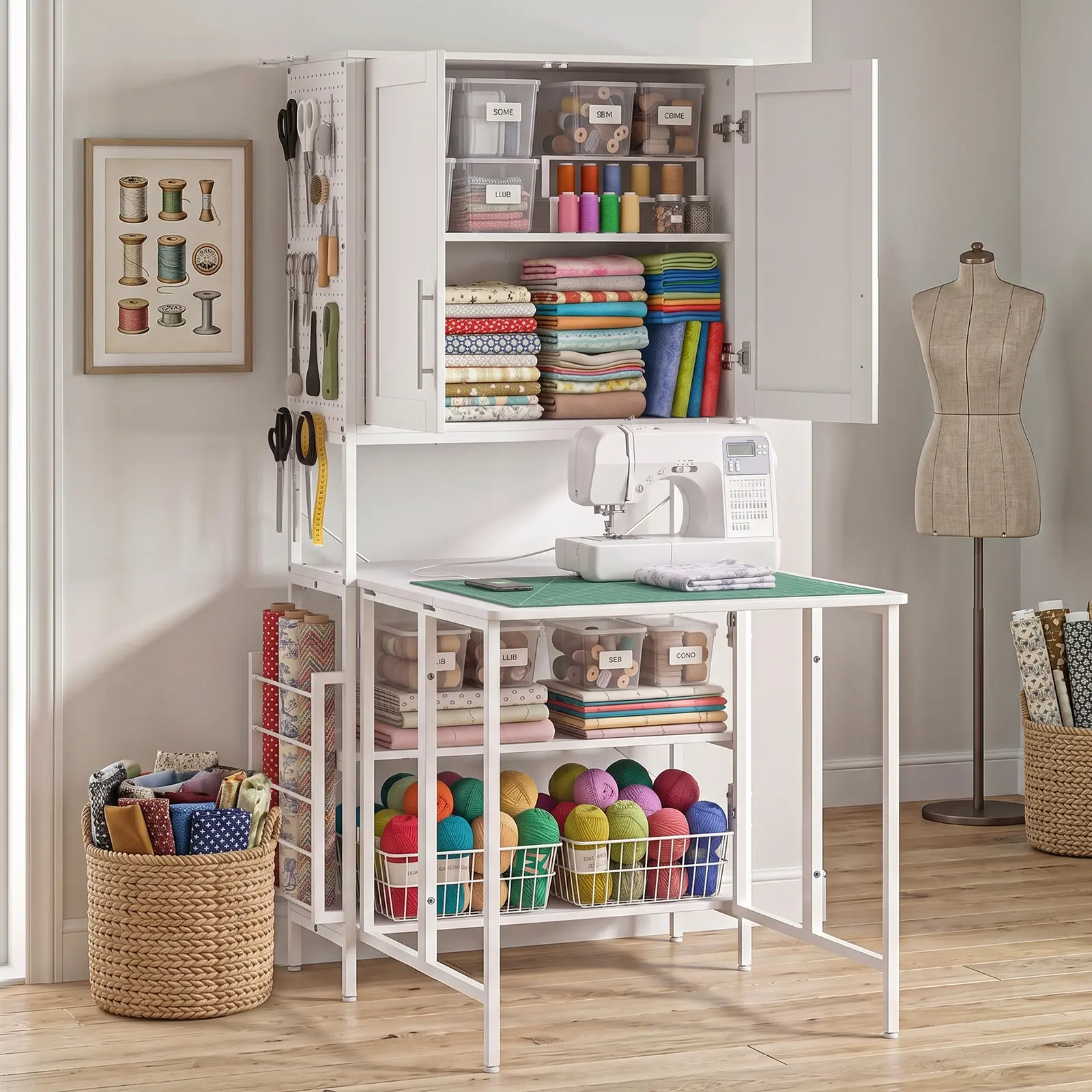 Foldable Craft Desk with Storage Cabinet, Pegboard, Power Outlet - Space-Saving Multi-Use Office Computer Desk for Home Sewing & Workstations