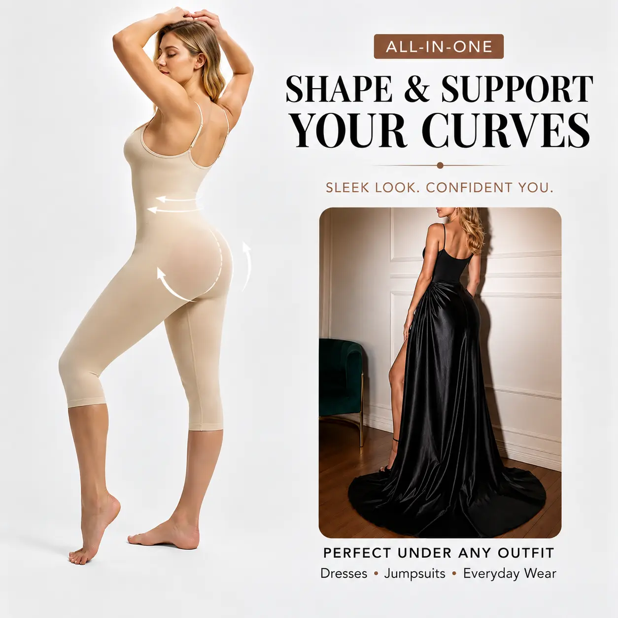 SUPRENX Women's Adjustable Thin-Strap Backless Shapewear Jumpsuit - Buckle-Free, Contoured, Belly-Hiding, Slimming Seamless 4-Way Stretch Bodysuit with No Compression Bra, Overlap Open Crotch for Weddings, Formal Events, Everyday Wear