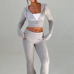Women's Knit Slim Two Piece Drawstring Zip Hoodie High Waist Slim Fit Leggings Casual Suit,Y2k Knit Long Sleeve Cropped Sweater Jacket sweatsuit clothes