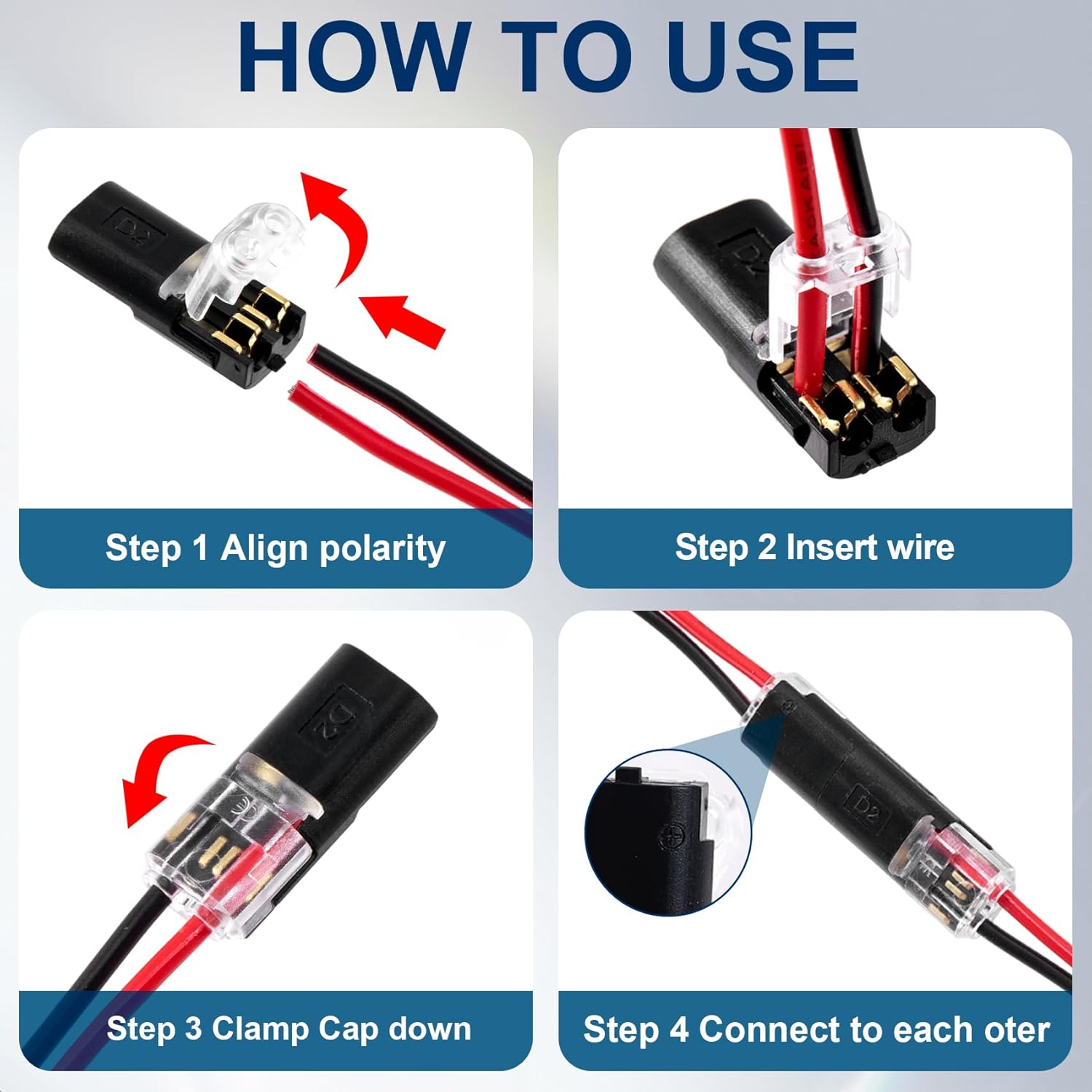 100pcs Quick Clip Fasteners Wire Connector, Plug-in Cable Quick Connectors with Locking Buckle, Double-Wire Snap on Blocks for Low-Voltage 18-22AWG Cable LED Strips DIY Craft- Black