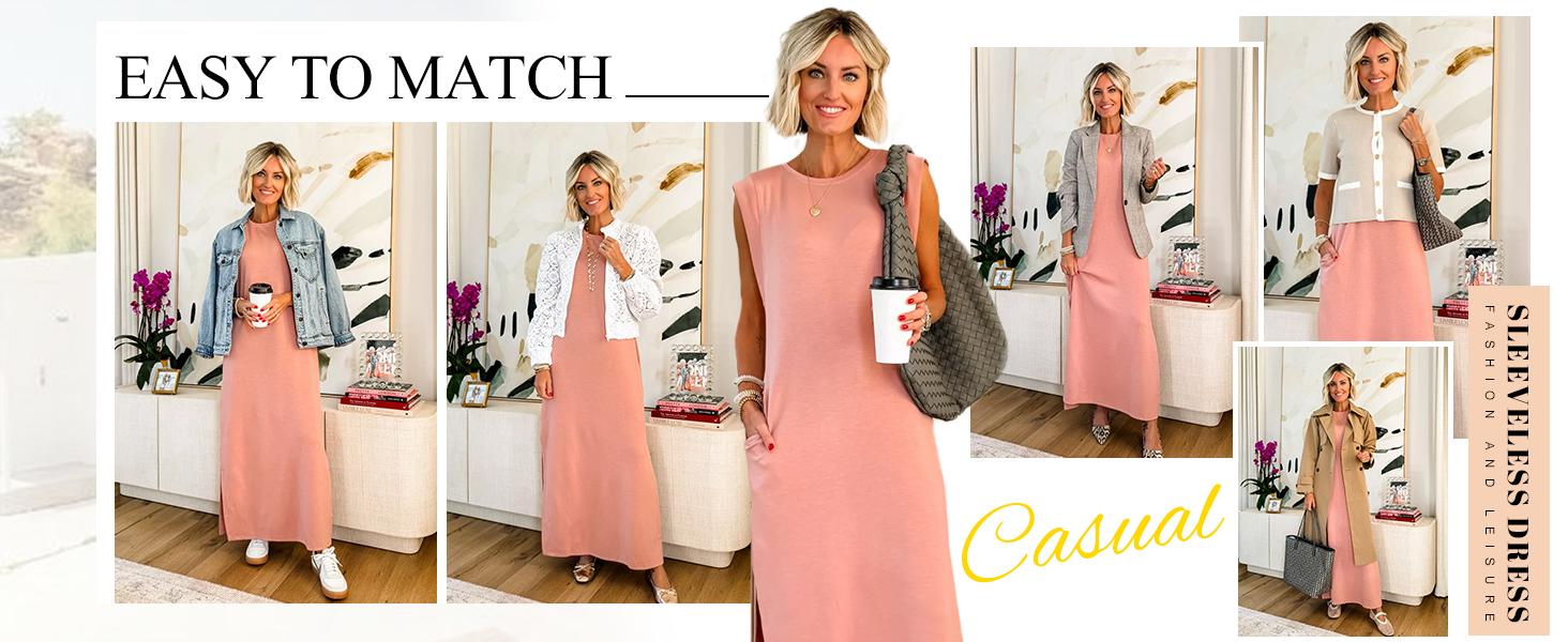 GRECERELLE 2026 Women Summer Round Neck Casual Loose Split Wrinkle-Free Long Maxi Vacation Dress with Pockets