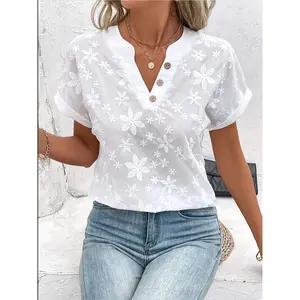 Women'S Loose White Shirt with a Summer Floral Pattern And a V-Neck Batwing Sleeve Design. Elegant Blouses Polyester Fabric Top Woven