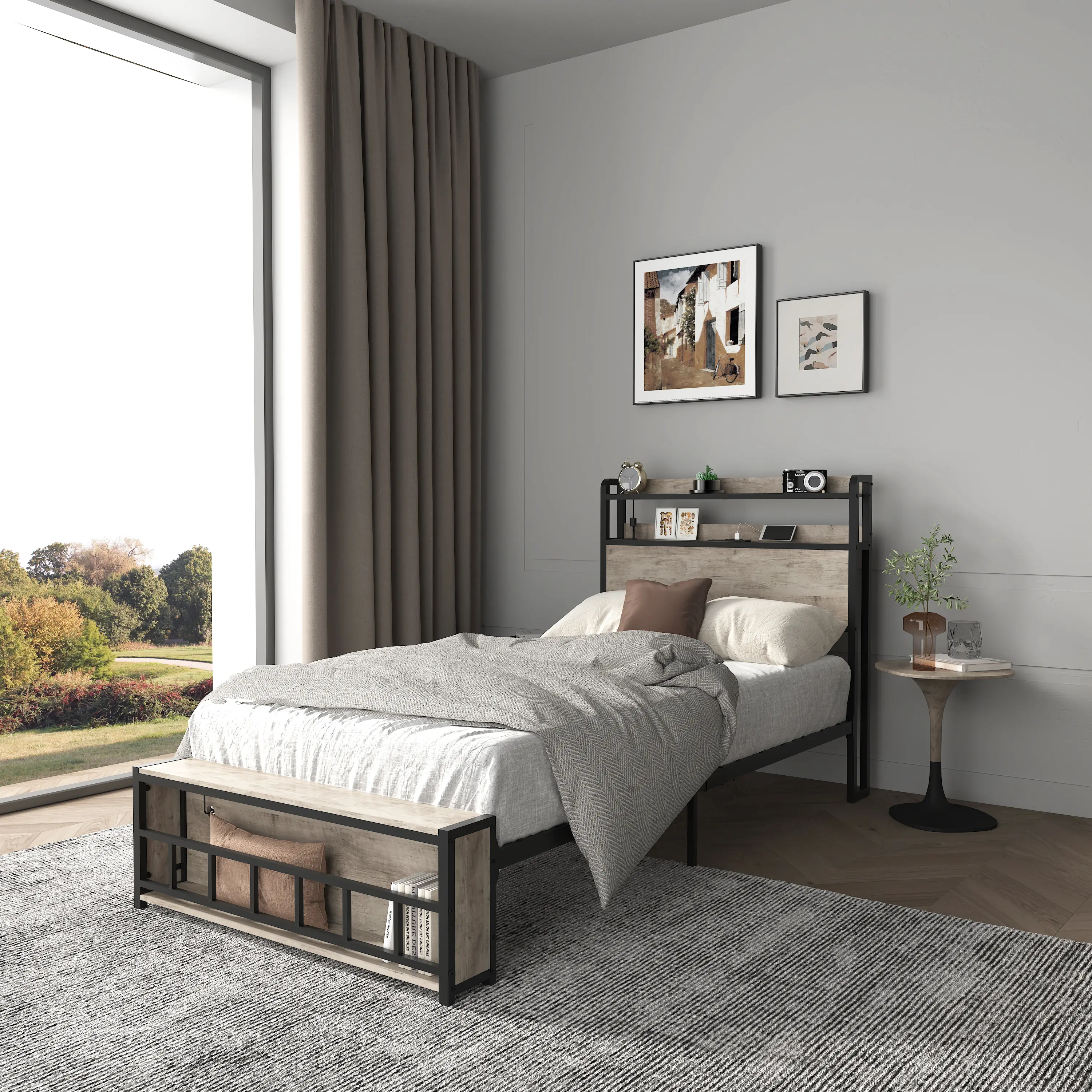 Twin Size Modern Metal Platform Bed Frame with LED Storage Headboard, Color Changing LED Lighting, Charging Station, Solid Stable Structure, Noise-Free Design, No Box Spring Needed, Easy Setup & Assembly, with Compartments
