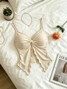Women's Ruched V-Neck Halter Top, Slim Fit Knot Design Split Hem, Sleeveless Lace Trim Outerwear, Stylish Casual Shirt