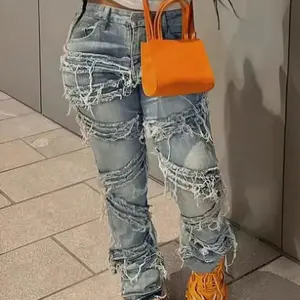 Dollsgirl Women's Casual Jeans Y2K Streetwear 90s Slant Pockets High Stretchy Distressed Frayed Unique Tassel Hip Hop Denim Pants Vacation Festival