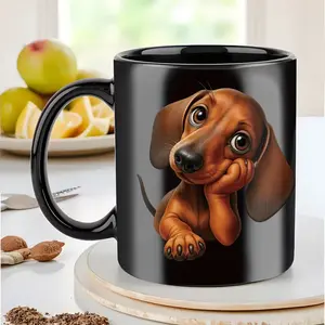 Double-Sided Brown Puppy with Expressive Faces, Black Background - Perfect Gift for Dog Lovers, Ideal for Home, Office, or Café Use - Durable Ceramic Hot Drink Cup - Perfect for Pet Owners' Birthdays/Christmas, Fun Design, Reusable