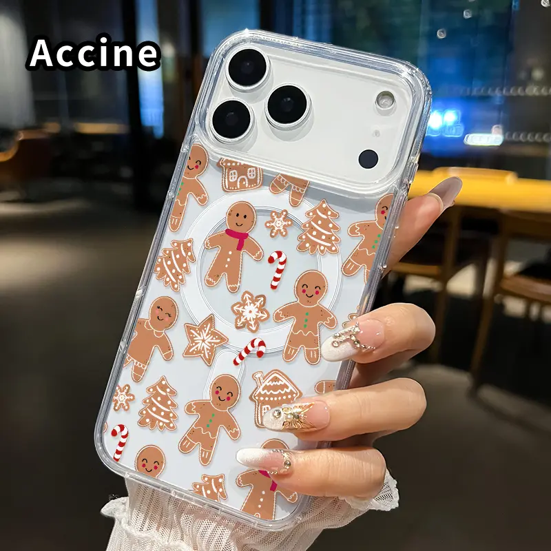 Clear Phone Case for iPhone 17 16  Pro Max Plus 15 14 13 12 11 Air E Gingerbread Christmas Dream  Pattern Magnetic Sunction Acrylic Back Full Body Protective Cover