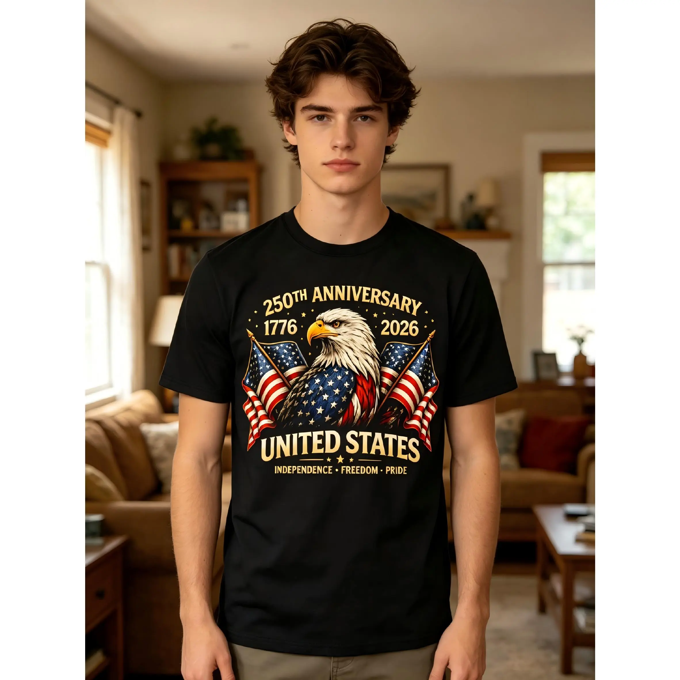 250th Anniversary United States T Shirt 1776 2026 Patriotic Eagle American Flag Shirt Independence Freedom Pride Tee USA 250 Years Celebration Gift Men's Trendy Casual Black Printed T-Shirt Fashion Must-Have Short Sleeve Crew Neck Comfortable Tee Top Crew