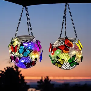 RUIDEL MICHAELS Two piece outdoor solar butterfly lantern, metal iron butterfly courtyard solar light hanging decoration, suitable for garden porch lawn farm courtyard decoration, beautiful holiday gift