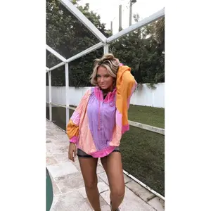 Bibi Brand Oversized Raw Edge Vintage Hoodie - Full Zip, Loose-Fitting, High-Quality, Colorblock Design
