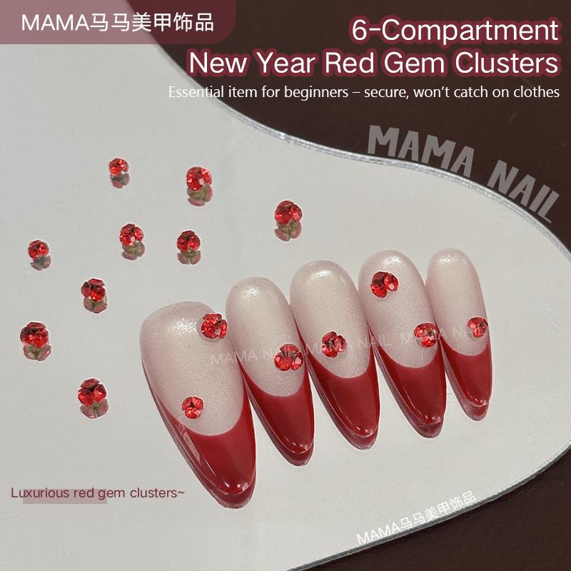 Spring Nails 2026 | 6-Compartment Red Gem Clusters, Highly Saturated True Red Stacked Nail Rhinestones for DIY Manicure & Nail Art