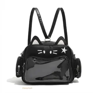 Girls' Cute PU Leather Cat Ita Backpack Bag, Clear Window Pin Display Y2K Preppy Bag for School, Anime & Daily Use
