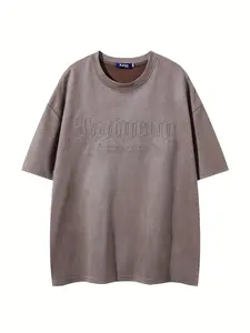 Men's American Retro Style Letter Embroidery Crew Neck Suede Tee, Loose Casual Comfy Half Sleeve Round Neck T-shirt for Summer, Fashion Men's Top for Daily Wear