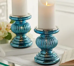 Set of 2 Lit Candle Holder Pedestals with Mirror Inserts
