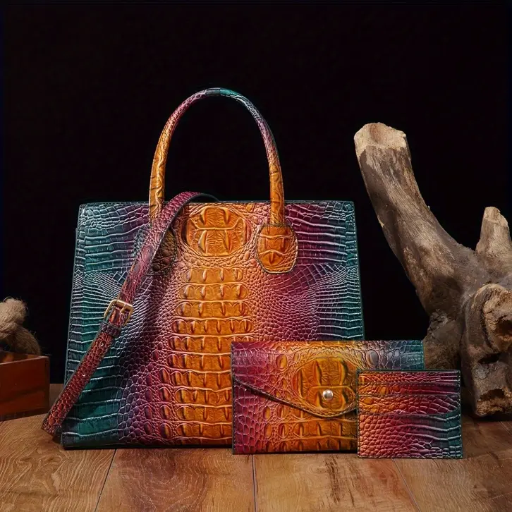 bn 3 pcs Vintage Crocodile Pattern Handbag & Purses Set - Top Handle Crossbody Bag, Clutch, Coin Purse - Multi-functional and Stylish jh