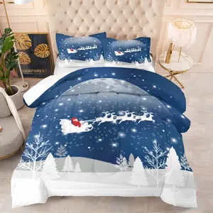Santa Claus sled patterned comforter under the moon, suitable for children and teenagers as a Christmas bedroom decoration gift, including 1 comforter and 1 or 2 pillowcases without a core