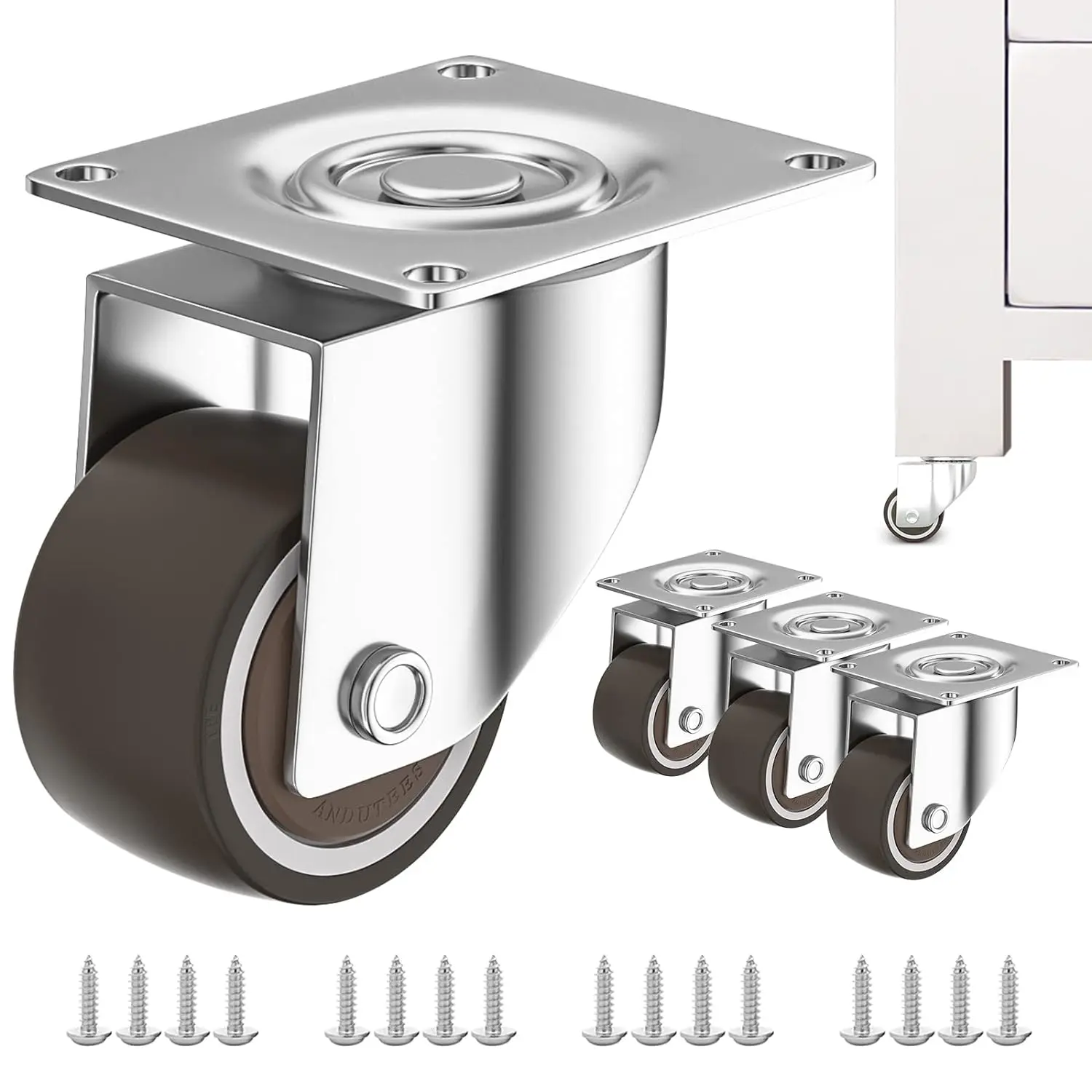 1 inch Caster Wheels Set of 4, Low Profile Wheels for Furniture, No Noise Mini Swivel Rubber Casters, with 360  Top Plate for Small Furniture