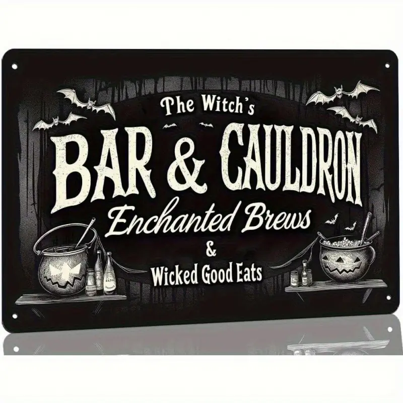 Vintage Witch Bar & Cauldron Metal Tin Sign - Gothic Halloween Decor With "The Witch'S Bar & Cauldron", Bats - Heavy-Duty Iron Construction, 8X12 Inch Indoor/Outdoor Wall Art For Home, Bar, Cafe, Kitchen - No Electricity Needed, Easy Hangin Aluminium