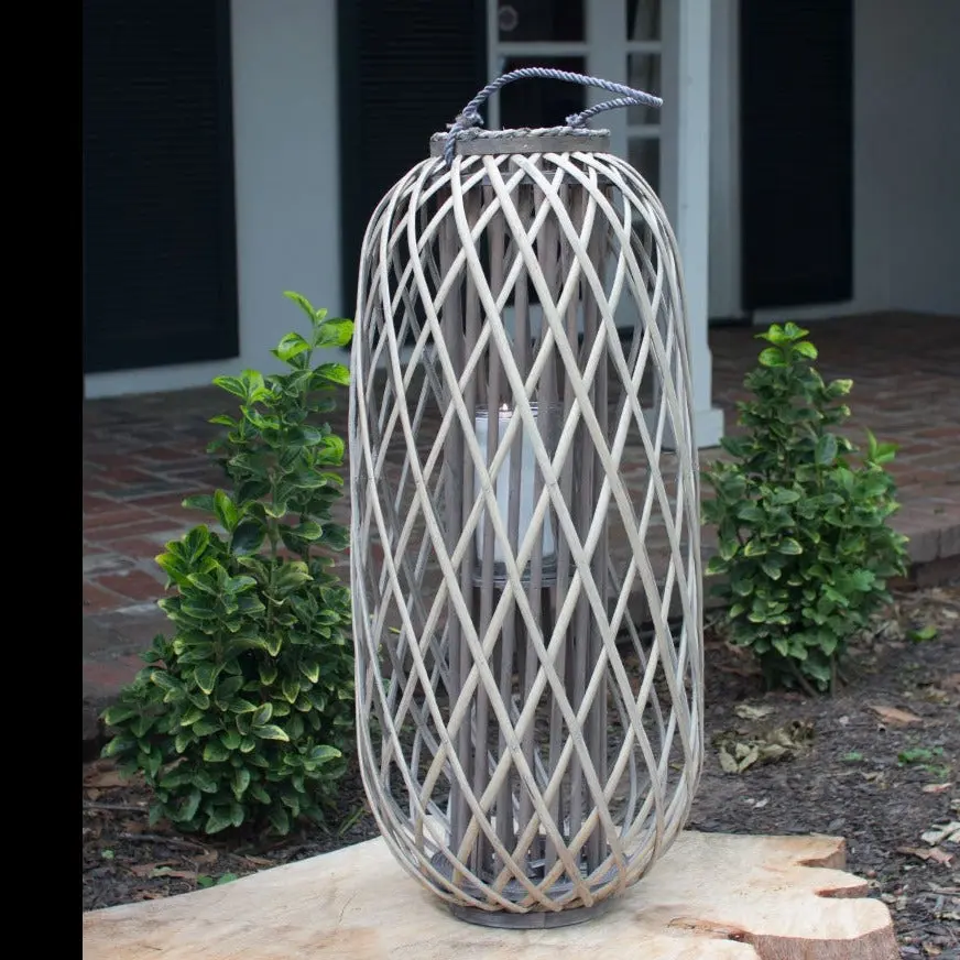 Kalalou CLUX1003 40 Inch Tall Grey Willow Lantern With Glass Candle Insert