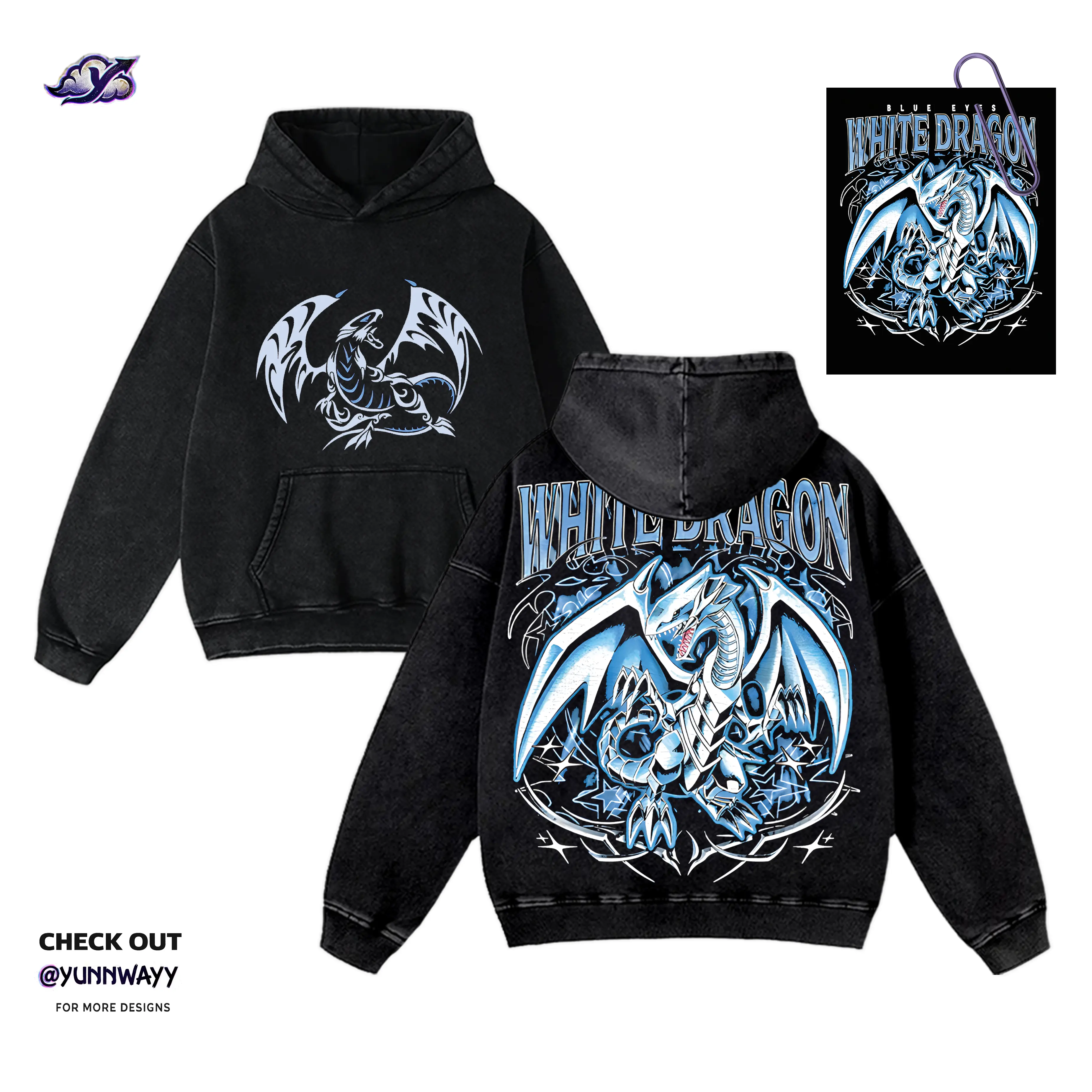 Blue Eyes white dragon Kaiba Seto Card Yugioh Graphic Acid Wash Hoodie, Unisex Menswear Otaku Fan Merch, Vintage 90s Heavy Cotton, Y2K Streetwear Casual Anime Fashion Gift, Double Print