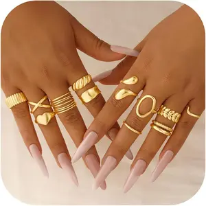 12PCS Chunky Gold Rings for Women Non Tarnish, 14K Gold Plated Stackable Open Rings, Minimalist Adjustable Dainty Rings Set, Trendy Jewelry Gift for Her, Birthday Gift, Valentine's Day Gift, Christmas Gift, Party Jewelry, Minimalist Gold Rings