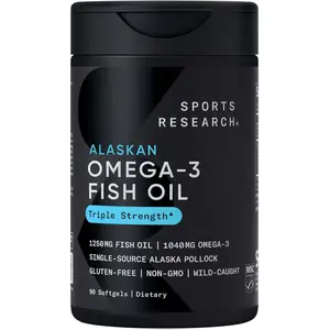 Sports Research Triple Strength Omega 3 Fish Oil - Burpless Fish Oil Supplement w/EPA & DHA Fatty Acids from Single-Source Wild Alaskan Pollock - 1250 mg, 90 ct