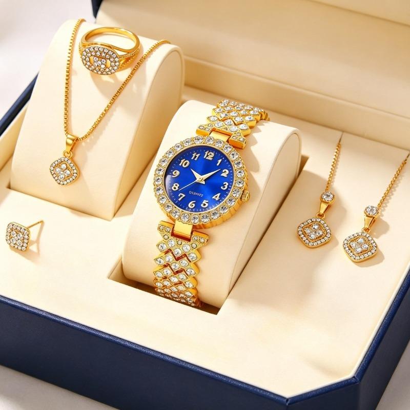 Blue Dial Crystal Watch & Jewelry Set | Full Bling 5-Piece Gold-Tone Stack