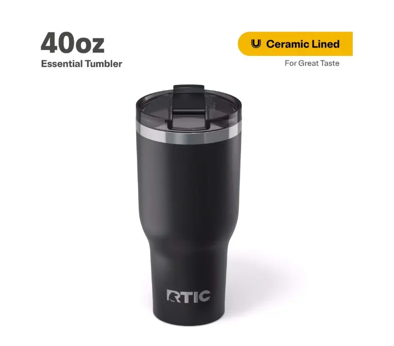 RTIC 40 oz Ceramic Lined Insulated Essential Tumbler, Leak-Resistant Lid, Black